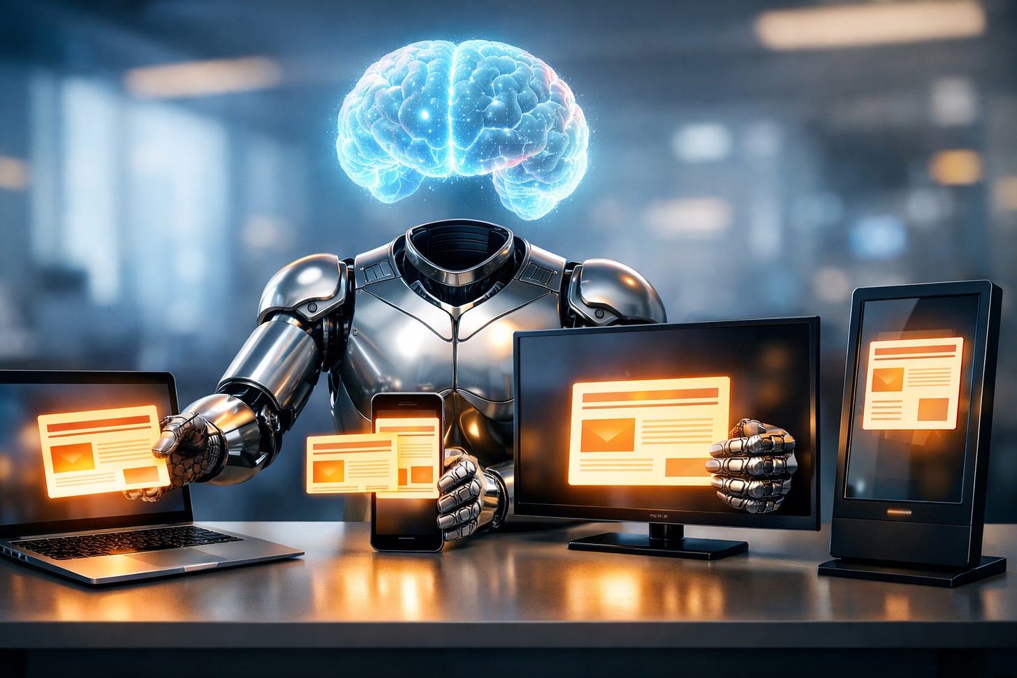 AI robot with glowing brain managing multiple devices and web interfaces simultaneously AI robot with glowing brain managing multiple devices and web interfaces simultaneously