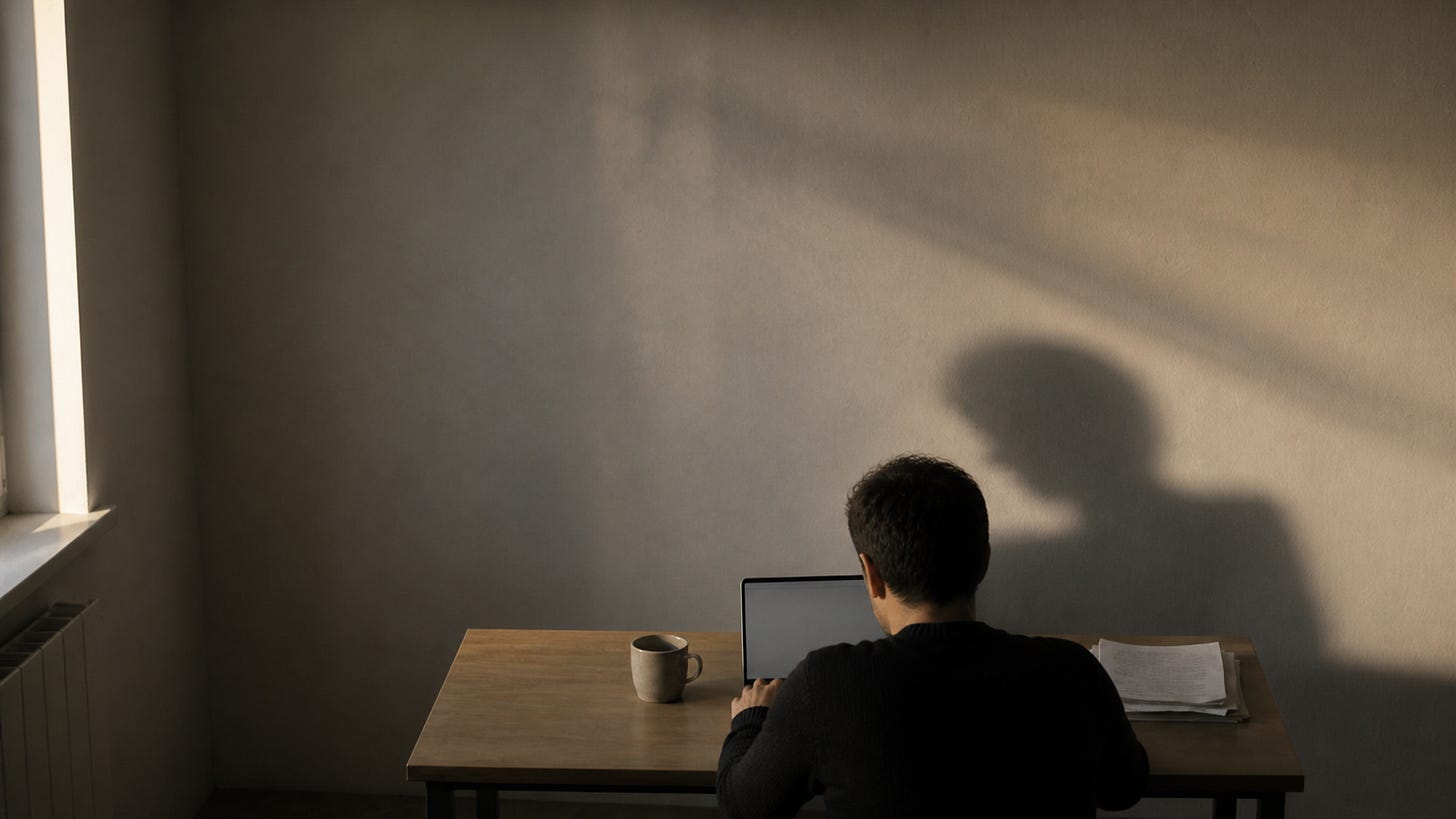 Angajat văzut din spate lucrând la laptop, cu o umbră apăsătoare proiectată pe perete Angajat văzut din spate lucrând la laptop, cu o umbră apăsătoare proiectată pe perete