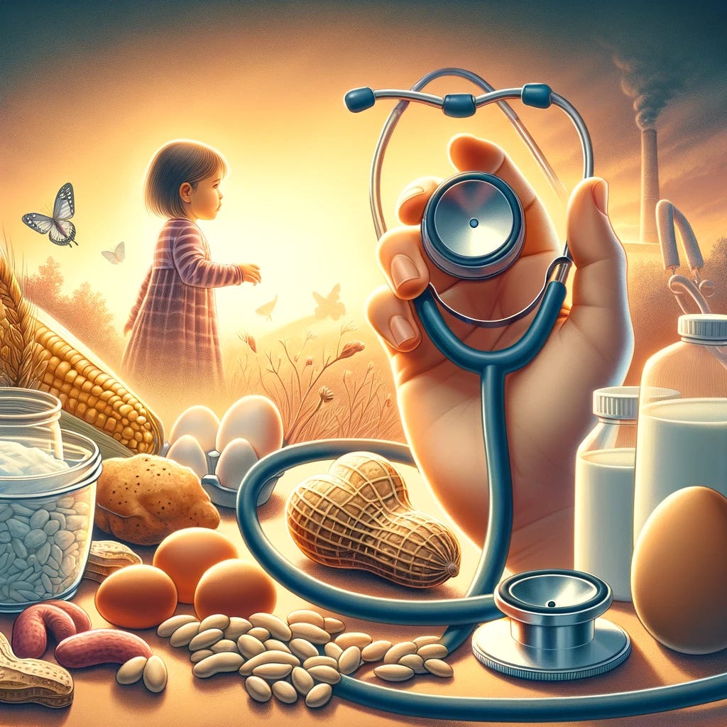 An illustration showing a stethoscope gently wrapped around a variety of foods such as peanuts, eggs, and milk, set against a backdrop of a child playing in the background, symbolizing the link between early food allergies and future health concerns like asthma and lung function. The scene is depicted in a warm, comforting color palette to convey a message of care and vigilance without causing alarm. The image should be void of any text or numbers to ensure it's universally understandable.