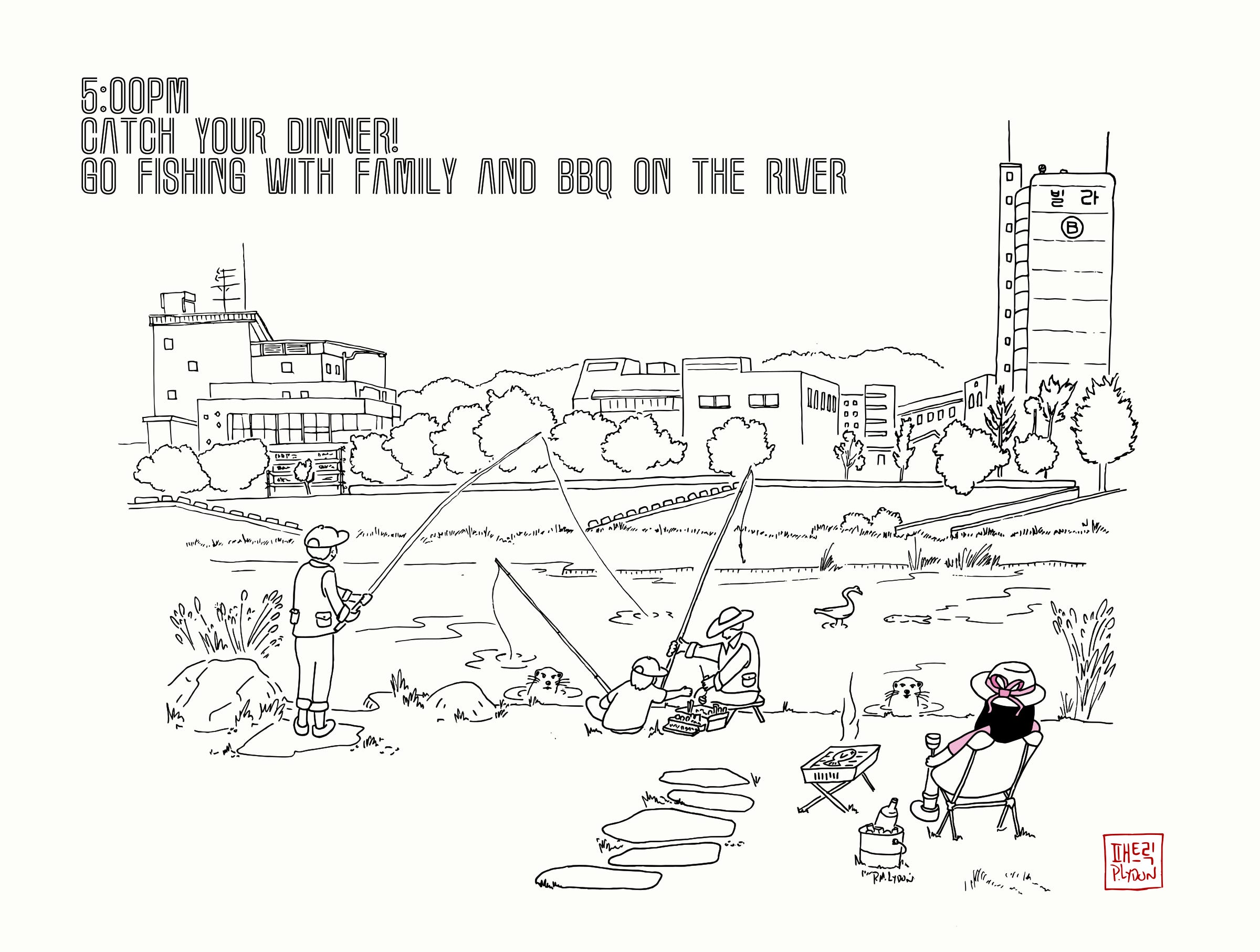 Illustration of fishing people, woman sipping wine, a BBQ grill, along the river with heron, otters, and an old apartment building in the background