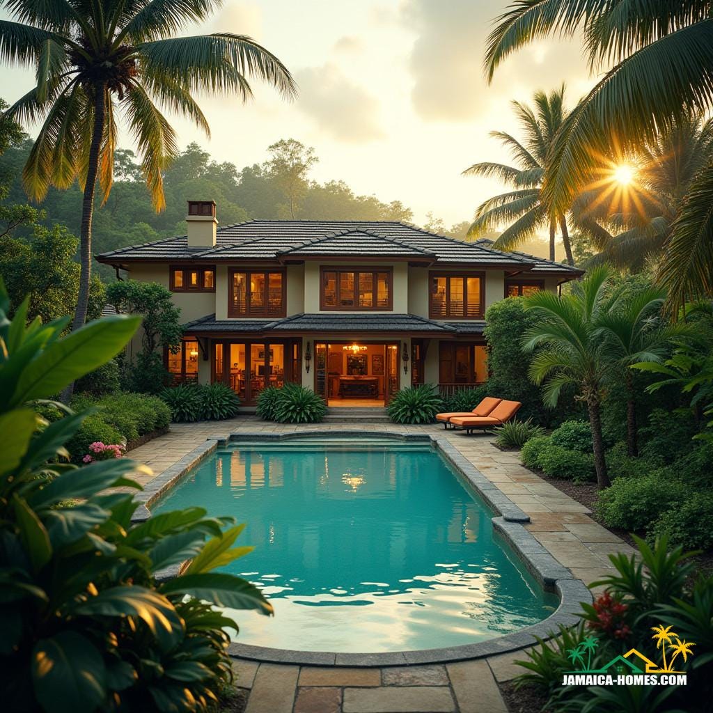 majestic craftsman-style home with modern flair, nestled in the lush hills of Kingston, Jamaica, surrounded by vibrant tropical foliage, with a sparkling swimming pool as its crown jewel. The scene is bathed in warm, golden light