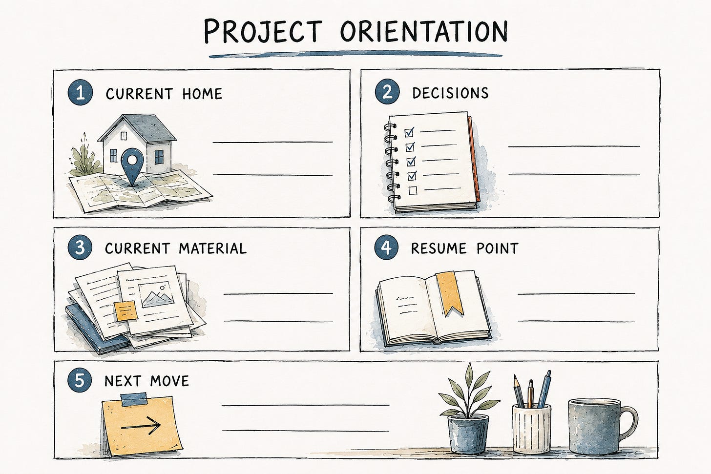 Five-part Project Orientation worksheet for recording the current project home, decisions, current material, resume point, and next move. Five-part Project Orientation worksheet for recording the current project home, decisions, current material, resume point, and next move.