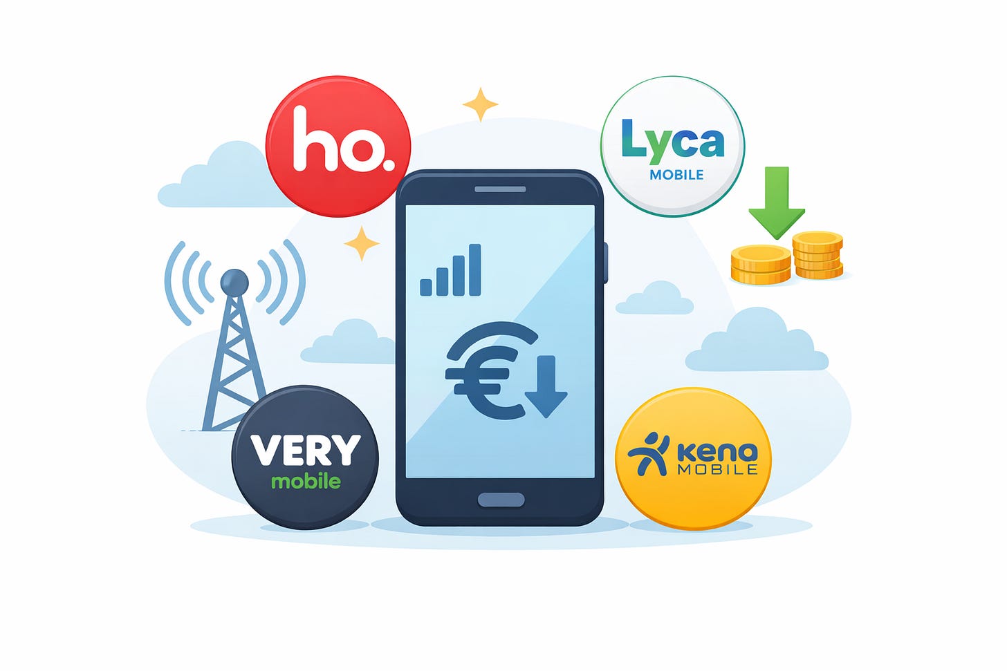 Illustrazione di smartphone con loghi Ho Mobile, Very Mobile, Kena Mobile e Lyca Mobile che rappresentano le compagnie telefoniche low cost in Italia. Illustrazione di smartphone con loghi Ho Mobile, Very Mobile, Kena Mobile e Lyca Mobile che rappresentano le compagnie telefoniche low cost in Italia.