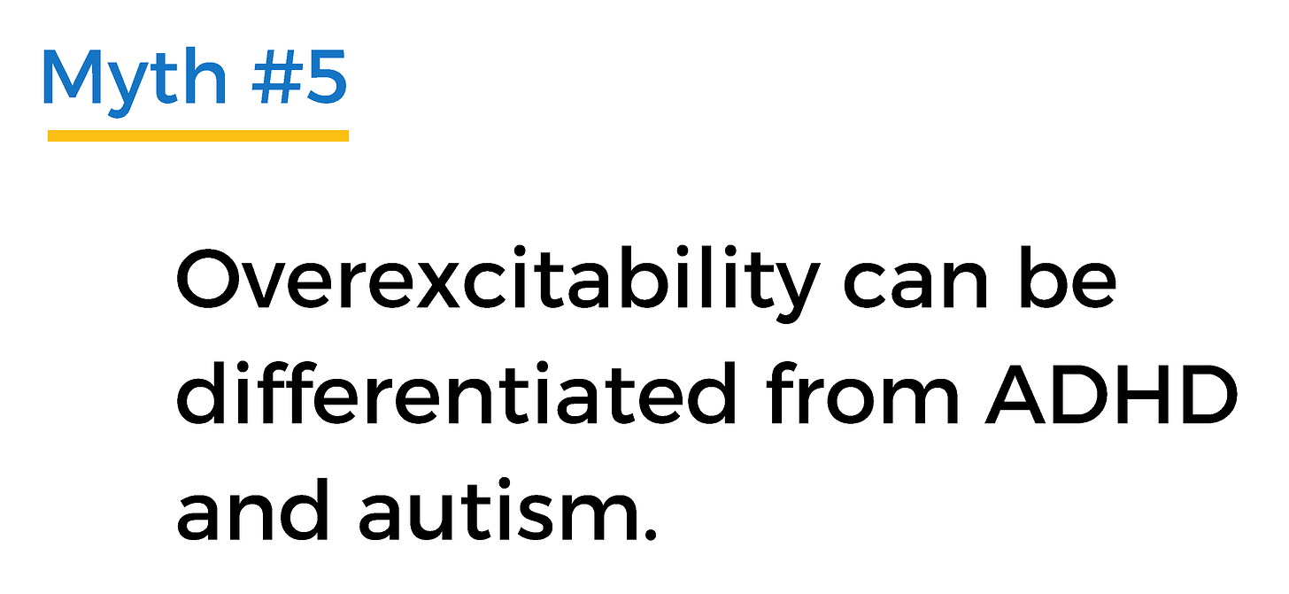 Image description: slide with "Myth #5: Overexcitability can be differentiated from ADHD and autism." Image description: slide with "Myth #5: Overexcitability can be differentiated from ADHD and autism."