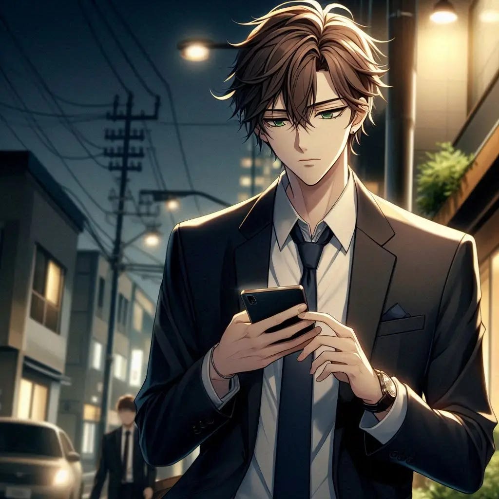 A young man with brown styled hair green eyes and a black suit walking down the street of a poorish city while texting on a burner phone. Anime art style. evening. modern. side view. 