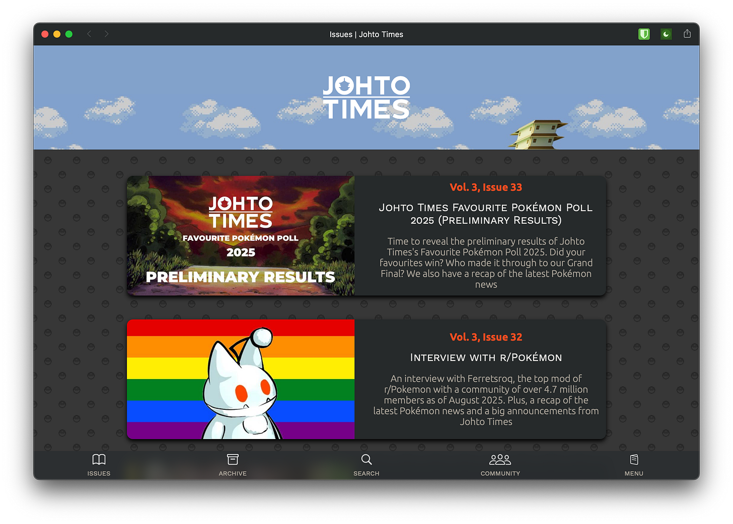 The front page of Johto Times, as of August 18th, 2025 The front page of Johto Times, as of August 18th, 2025