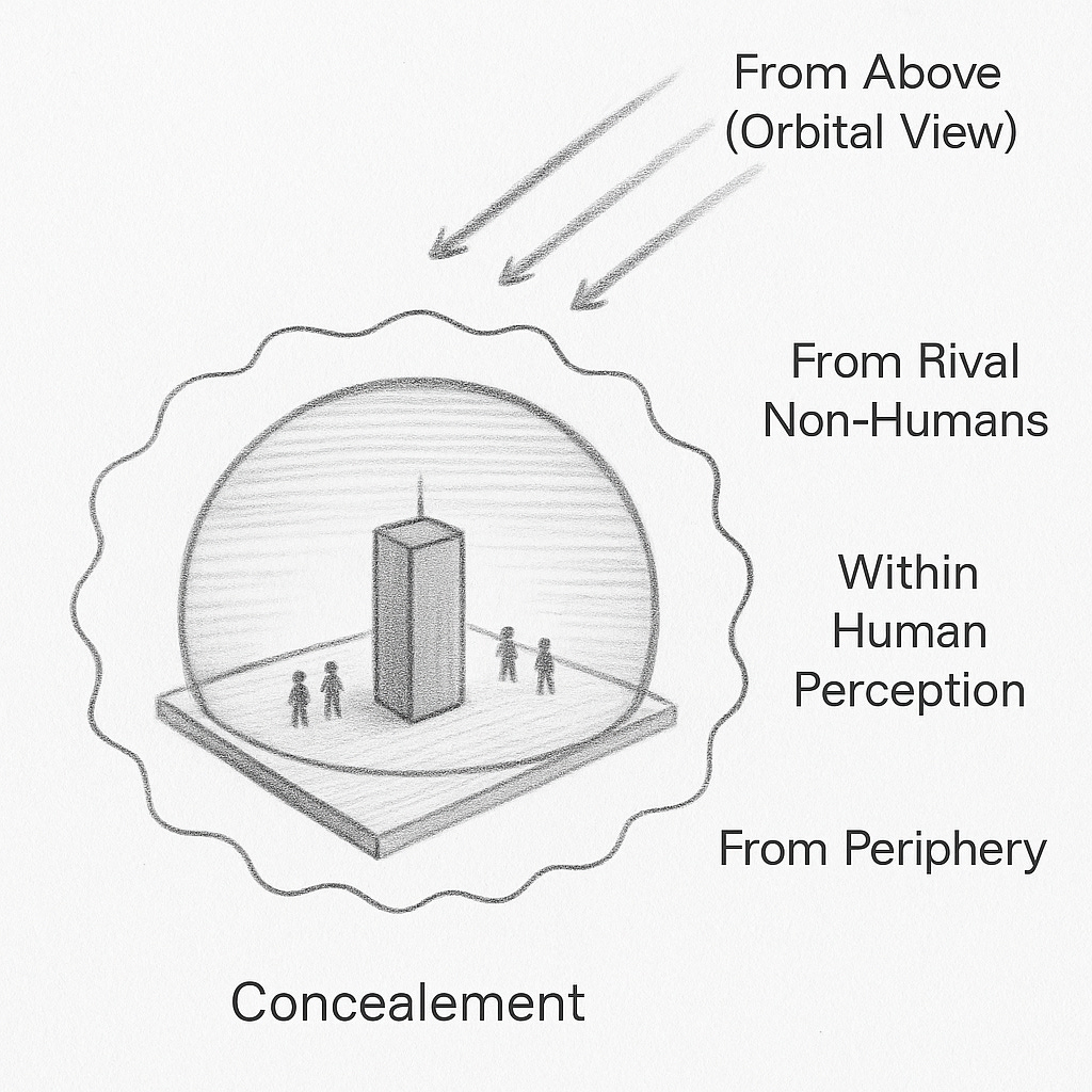 A conceptual diagram of concealment layers. At the center is a rectangular structure on a platform with human figures. Around it is a dome labeled “Concealement.” Four arrows indicate what is being hidden: from “Above (Orbital View),” from “Rival Non-Humans,” “Within Human Perception,” and “From Periphery.”