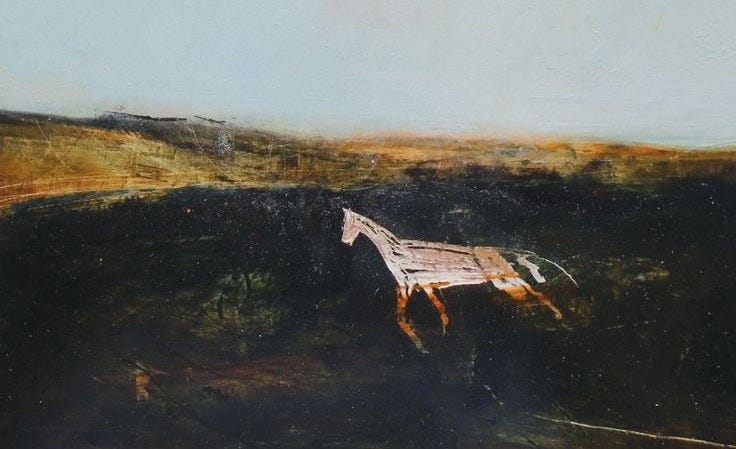 This may contain: an oil painting of a white horse in a grassy field with the moon above it