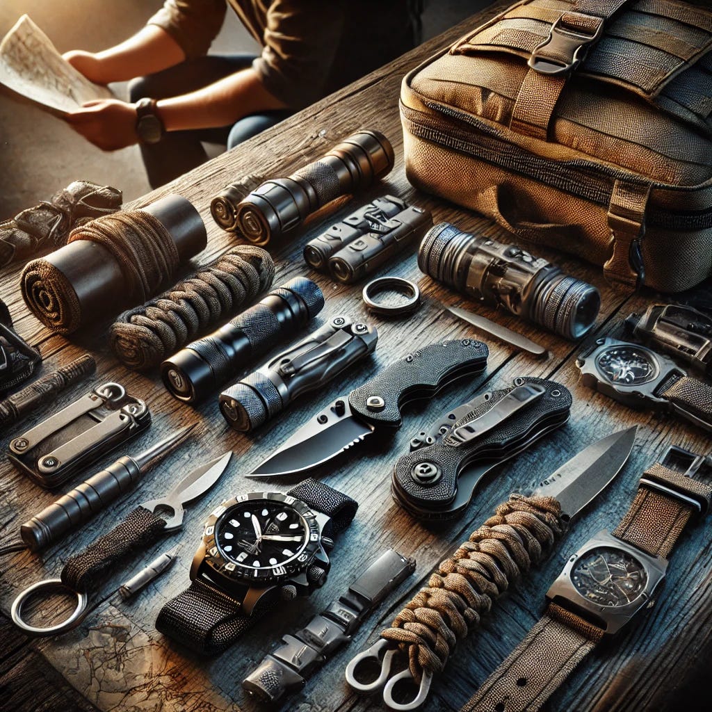 A realistic, high-detail image depicting a well-organized collection of everyday carry (EDC) gear laid out on a rugged wooden surface. The gear includes a tactical flashlight, a high-quality folding knife, a multi-tool, a paracord bracelet, a reliable wristwatch, a sturdy pen, a compact first-aid kit, and a rugged backpack. The scene is illuminated with moody, dramatic lighting, emphasizing the texture and durability of the equipment. In the background, slightly blurred, a person is seen studying a map, symbolizing preparedness and situational awareness.
