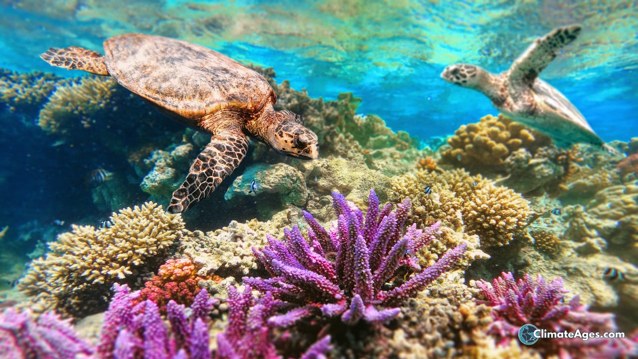 Two sea turtles swim above a colorful coral reef in clear tropical water. Purple, pink, yellow, and beige corals cover the foreground while small reef fish move among the coral branches. Sunlight filters through the shallow blue water, illuminating the reef ecosystem below