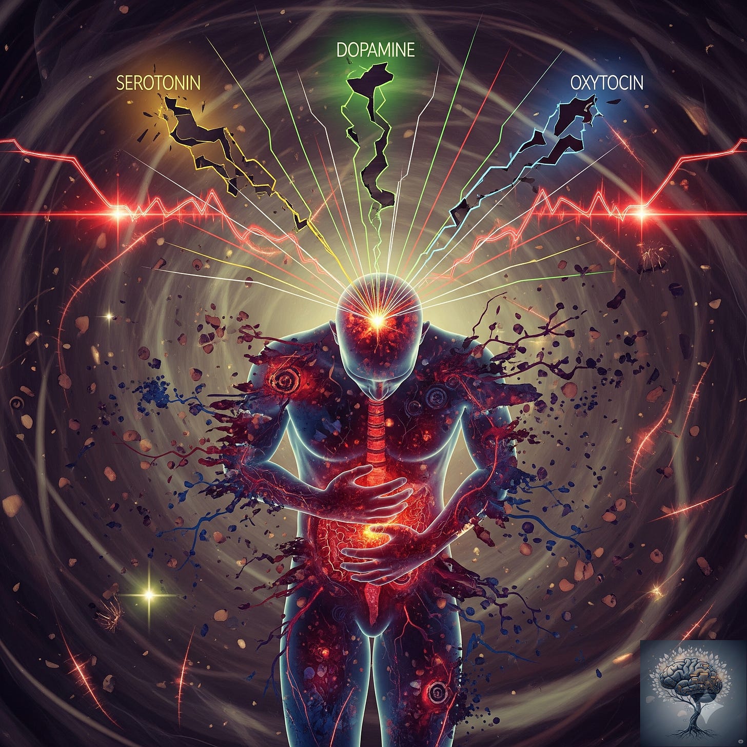 A stylized figure in distress, clutching their abdomen, with lightning bolts representing serotonin, dopamine, and oxytocin