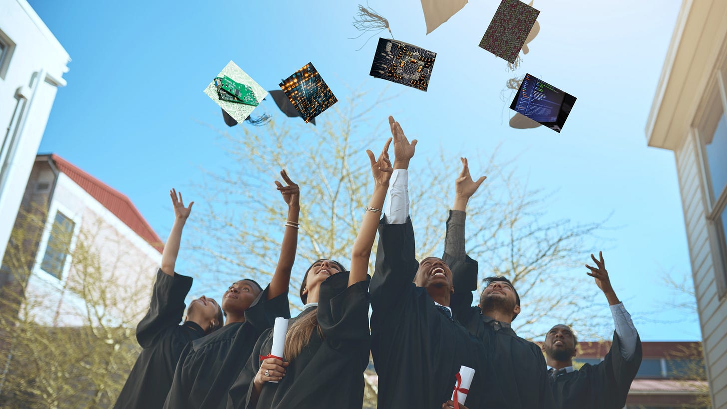 A group of graduates throwing their caps in the air- digital frameworks appearing on graduation caps.