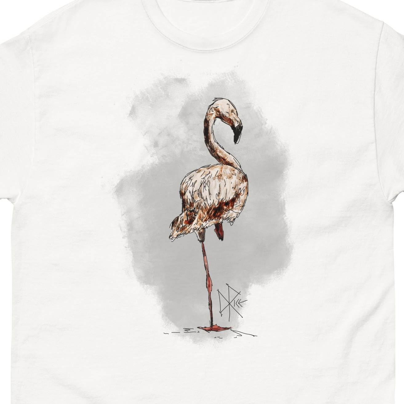 A flamingo stands on one leg with the other tucked beneath the body. No one really knows why they do this. Sketch art by Don Rice. A flamingo stands on one leg with the other tucked beneath the body. No one really knows why they do this. Sketch art by Don Rice.
