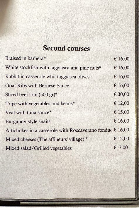 Trattoria Losanna's menu changes regularly with the seasons. This was their menu during the first week of December and it is indicative of the style of food served year round.