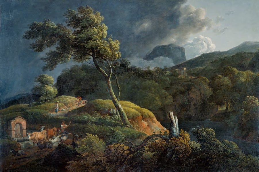 A hilly landscape with a large tree blowing in heavy winds as a storm approaches