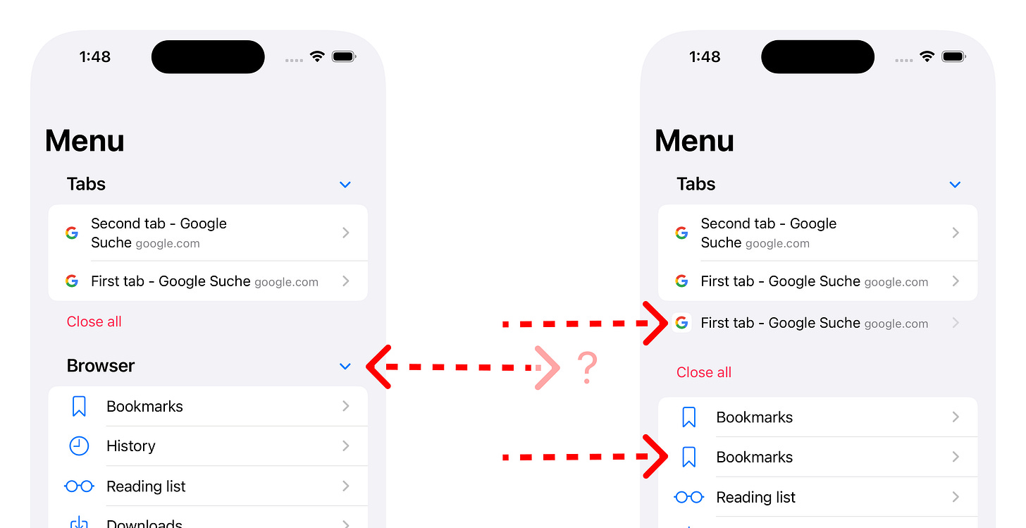 Two iPhones side by side displaying a list in an app. Left shows elements on the list, on the right some elements are duplicated and seem to be off and broken.