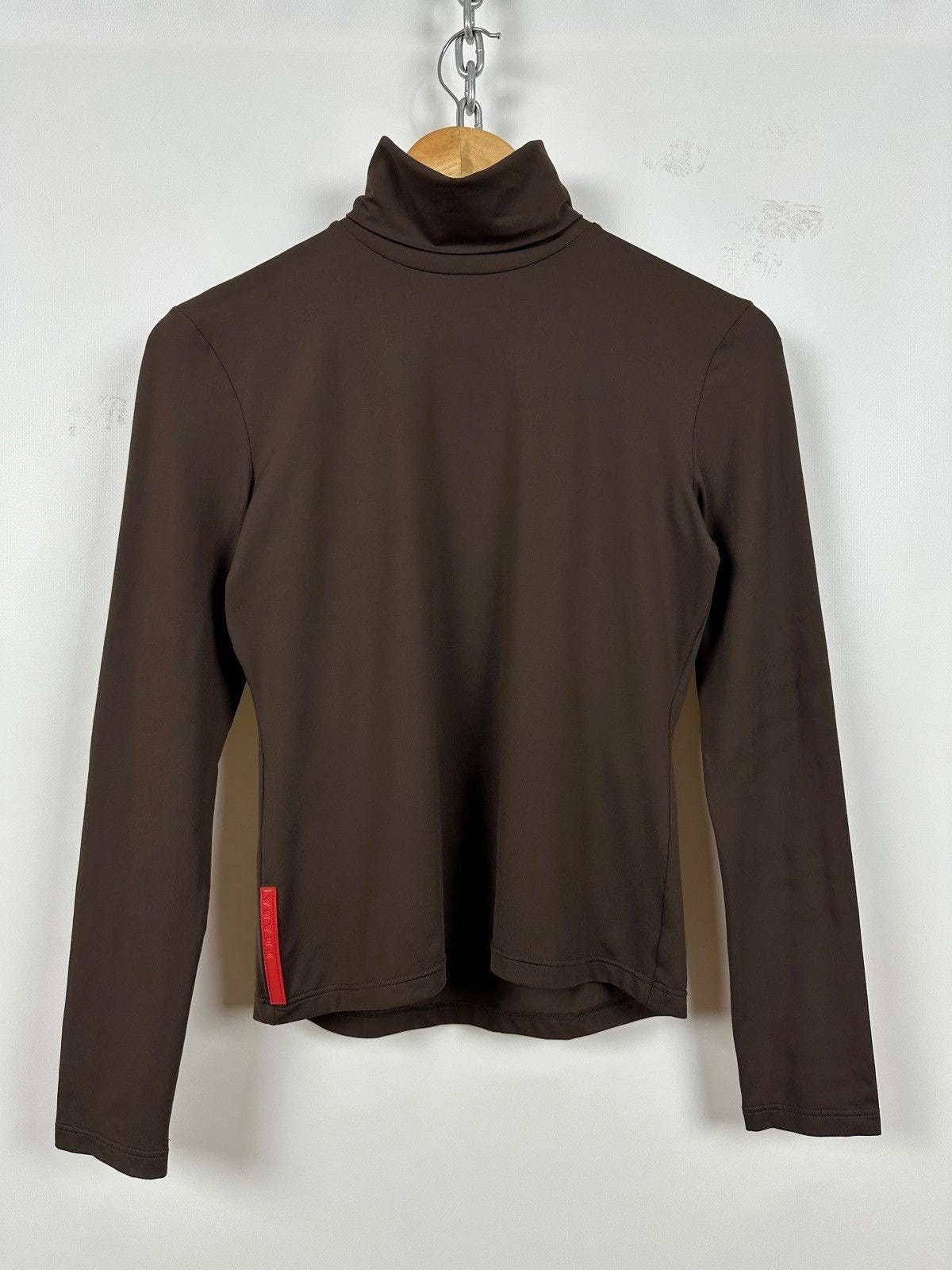 Women's Vintage Prada Sport Brown Nylon Turtleneck Long Sleeve T-Shirt Size S - Picture 1 of 23