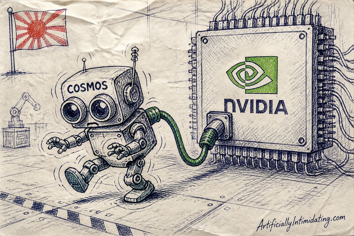 Editorial cartoon: a small robot labeled Cosmos with big eyes plugged by a green cable into an Nvidia chip, taking first steps in a Japanese factory