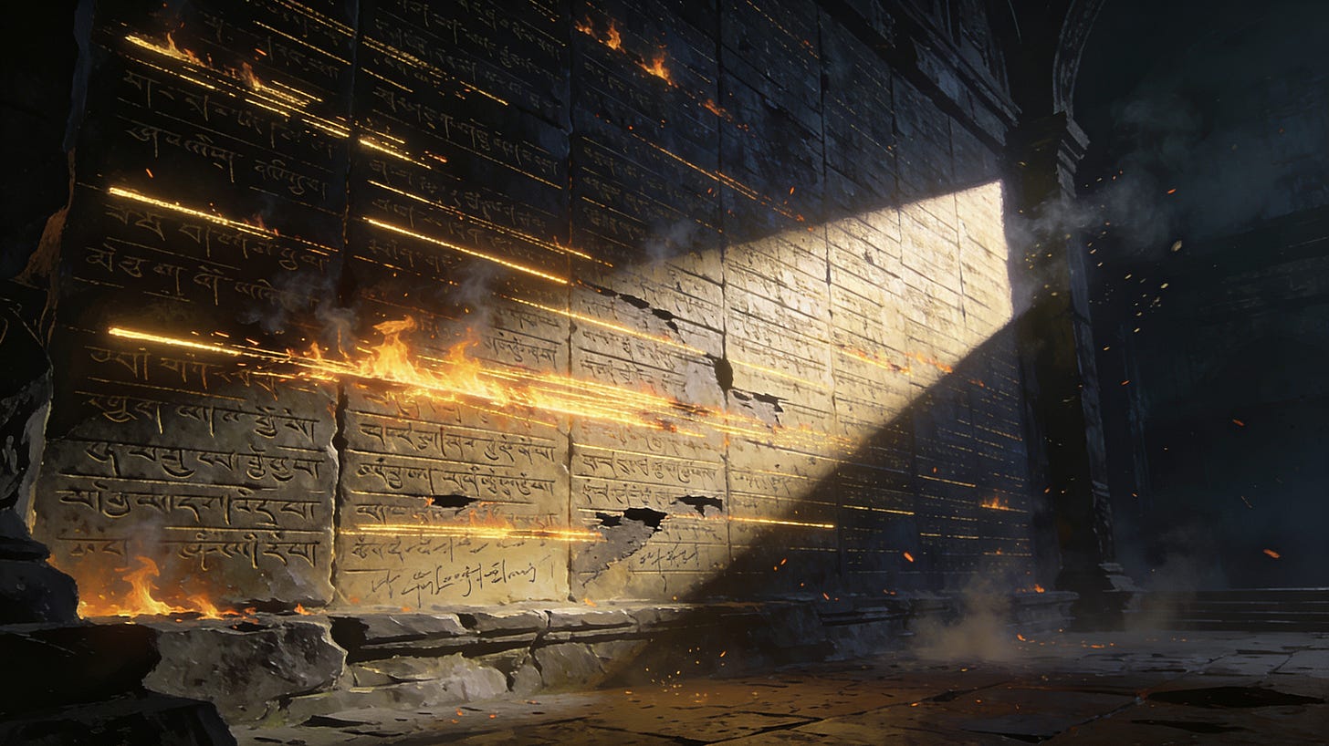 An ancient wall in a dark hall covered in glowing inscribed lines. Some blaze fresh, some are struck through, some have burned to embers, with gaps where lines were erased.