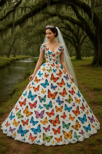 A person in a dress with butterflies on it

AI-generated content may be incorrect.