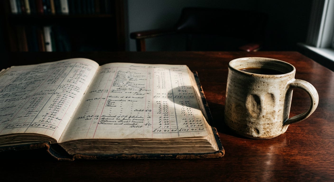 A dramatic photograph of an open antique ledger book with ink numbers resting on a dark desk next to a textured ceramic mug caught in a warm beam of light.