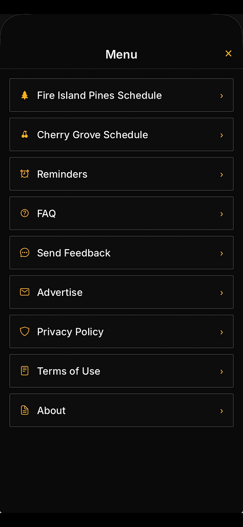 Screenshots of Boatload, a dark-mode app with gold accents. The home screen shows the next departures to Fire Island Pines and Cherry Grove with a countdown. Other screens show schedules by day and season, a Labor Day schedule-change alert, ferry reminders, and the app menu.