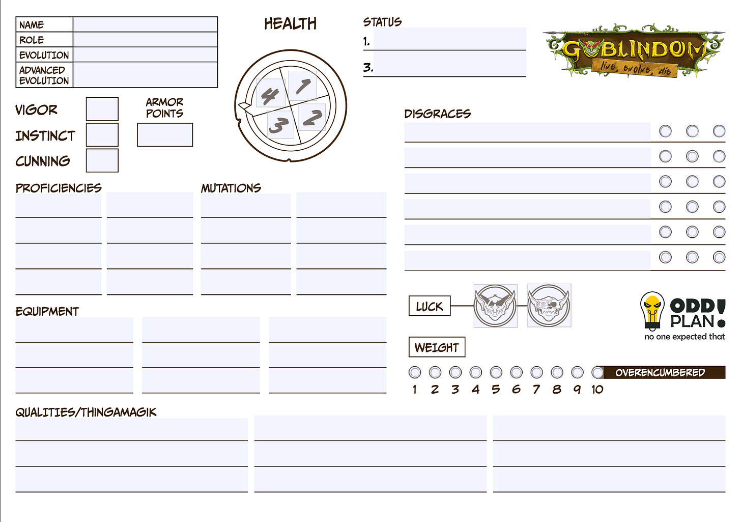 A blank character sheet for the tabletop game GOBLINDOM, featuring a circular diagram divided into four quadrants numbered 1 through 4. The sheet includes text fields for character details such as NAME, ROLE, and EVOLUTION, alongside primary attributes such as VIGOR, ARMOR POINTS, INSTINCT, and CUNNING. Additional tracking sections are provided for PROFICIENCIES, EQUIPMENT, MUTATIONS, HEALTH, STATUS, DISGRACES, LUCK, WEIGHT, and QUALITIES/THINGAMAGIK.