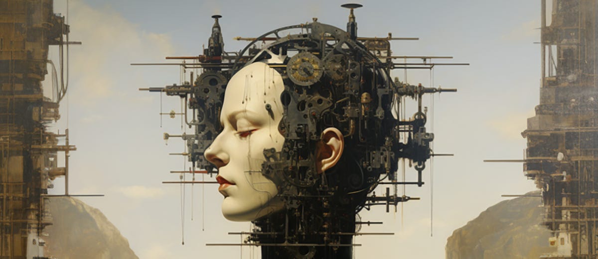 A human face on a steampunk style machine head. A human face on a steampunk style machine head.