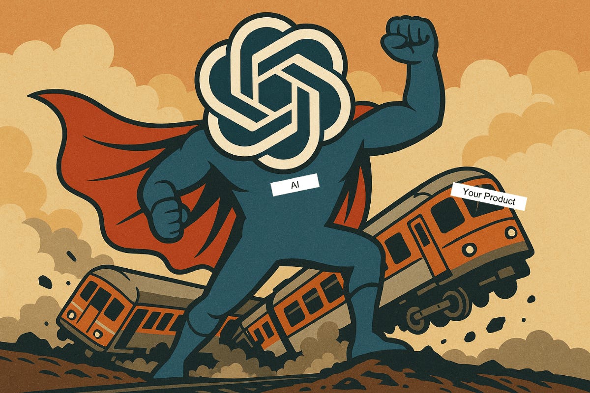 An AI superhero derailing a train, the train is labeled "your product" and the AI, is labeled AI
