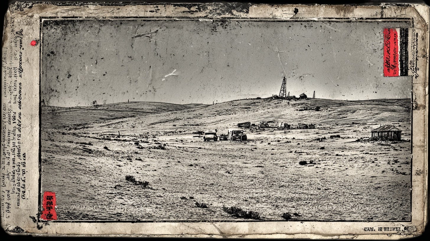 Old photographic representation of a cluster of buildings and vehicles in the desert near a radio tower. Old photographic representation of a cluster of buildings and vehicles in the desert near a radio tower.