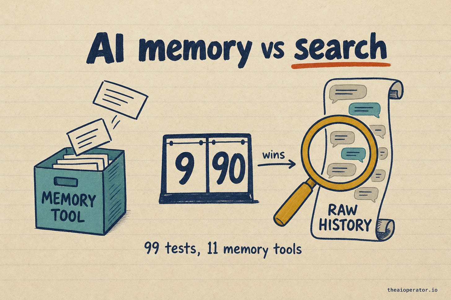 Hand-drawn scoreboard with two columns: memory 9, and search 90 circled in orange. Caption: 99 head-to-head tests. Hand-drawn scoreboard with two columns: memory 9, and search 90 circled in orange. Caption: 99 head-to-head tests.