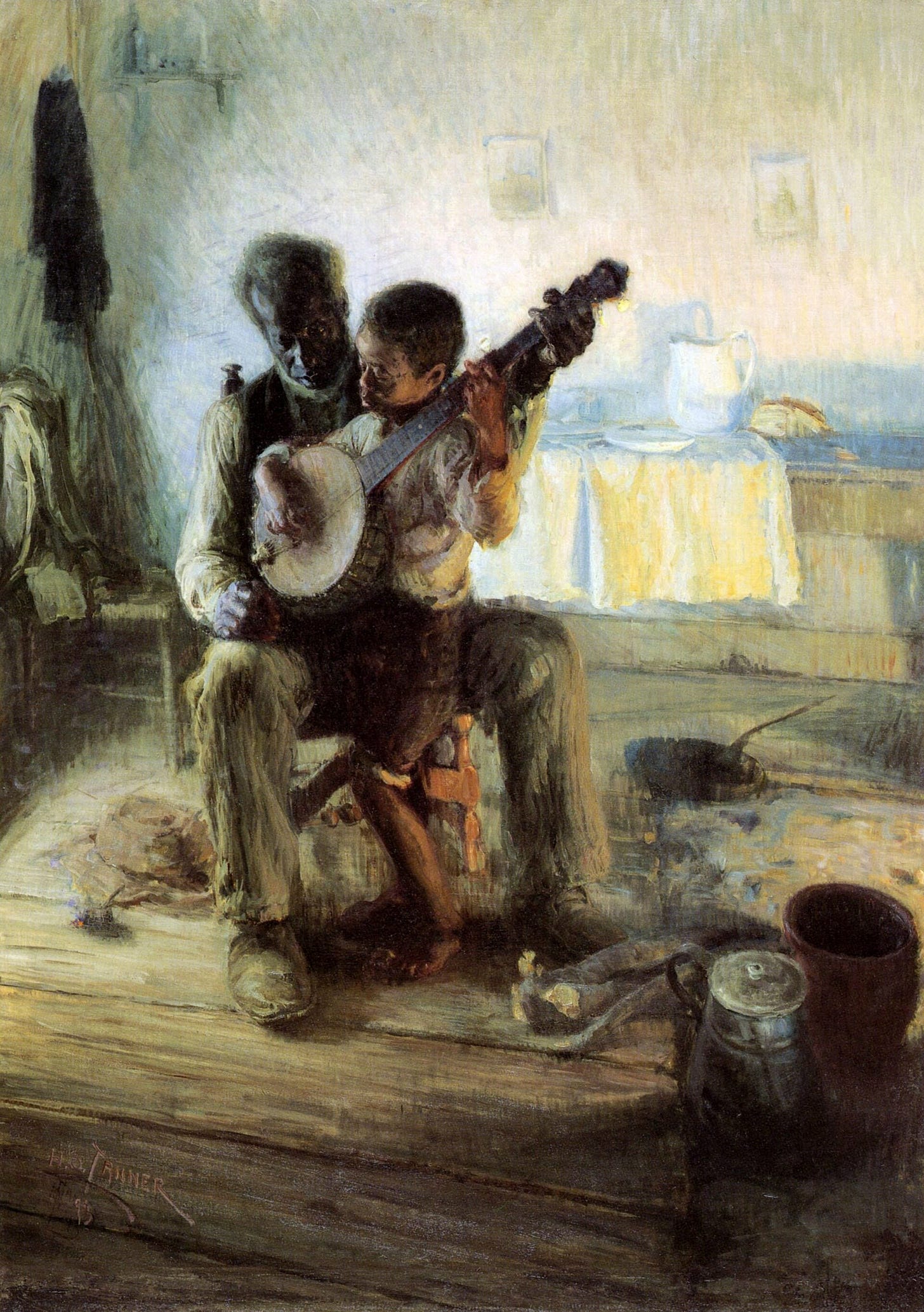 An old man seated in a sunlit cabin holds a boy on his knee and guides his hands on a banjo, with a pitcher and plates on a table behind them. An old man seated in a sunlit cabin holds a boy on his knee and guides his hands on a banjo, with a pitcher and plates on a table behind them.