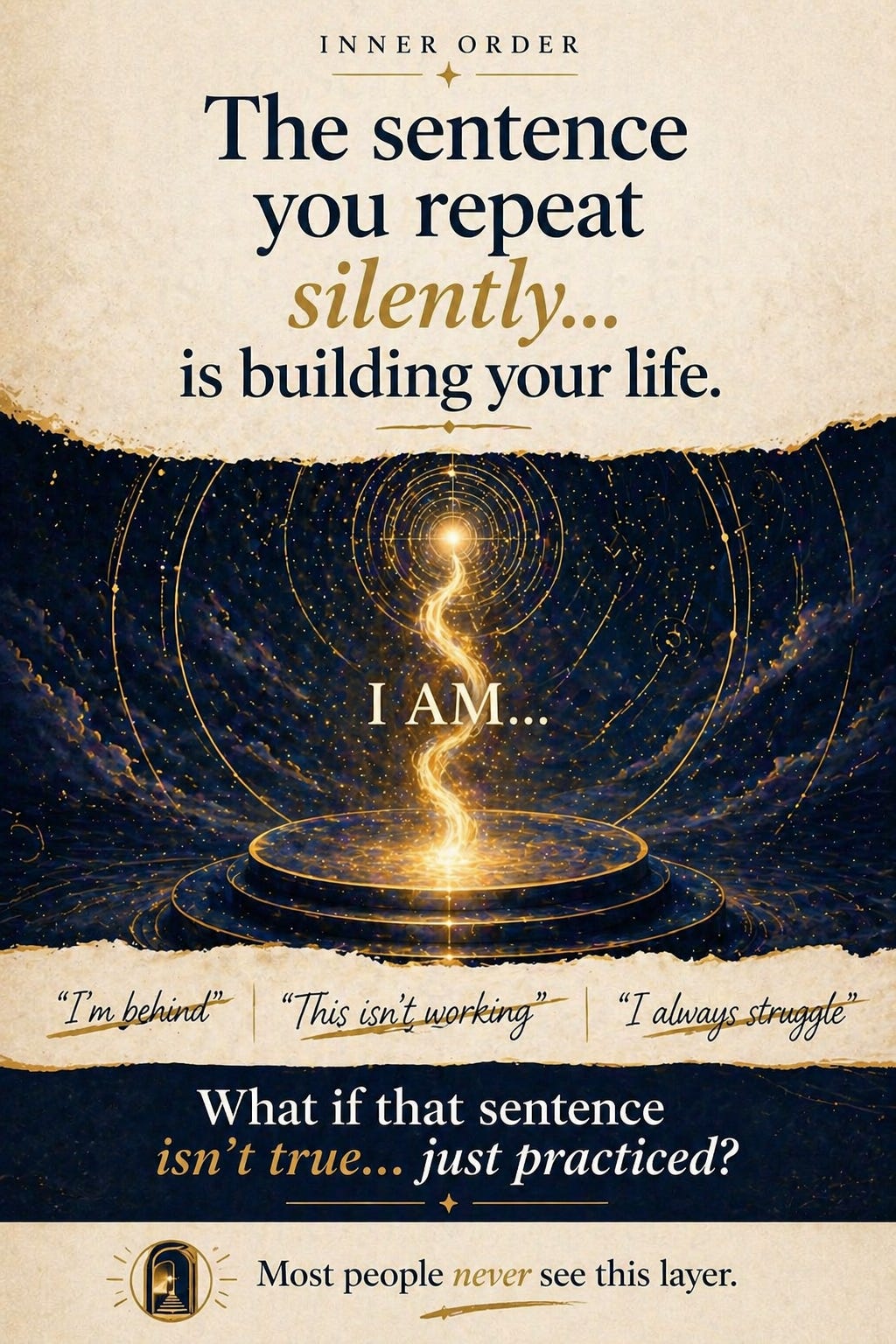 Vertical Pinterest-style graphic in a navy, gold, and cream palette. At the top, bold serif text reads that the sentence you repeat silently is building your life. The center features a glowing golden spiral rising from a circular platform against a deep navy background with subtle geometric lines. The phrase “I AM…” sits softly within the visual. Below, handwritten-style phrases like “I’m behind,” “This isn’t working,” and “I always struggle” appear across a torn paper strip. At the bottom, a navy section poses the question about whether the sentence is not true but practiced, followed by a small line suggesting this is why nothing changes even when you’re doing everything right.