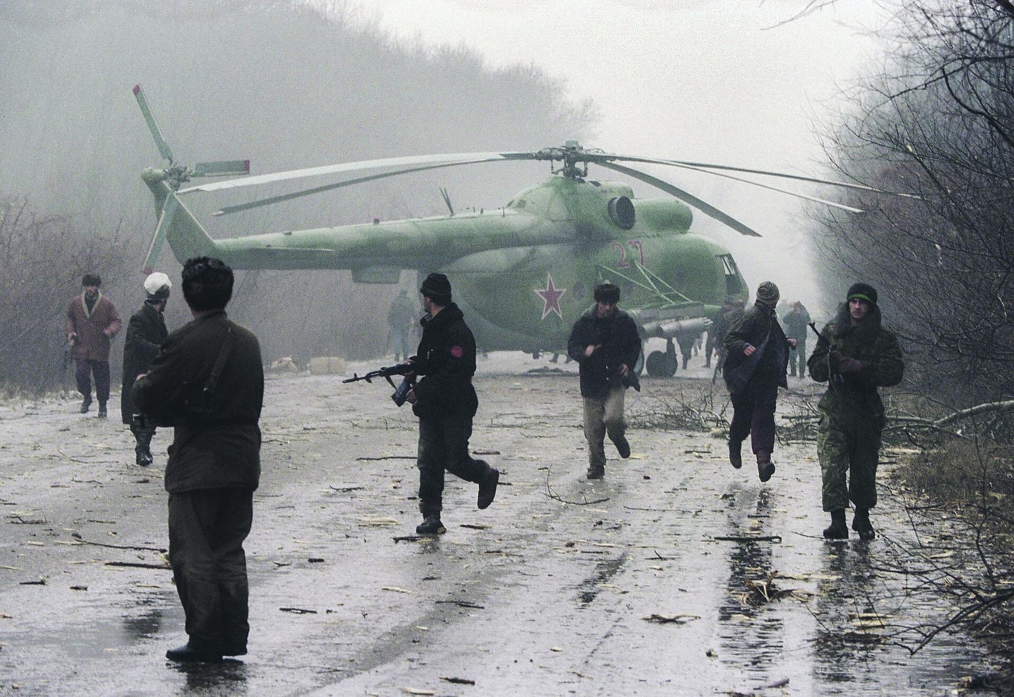 A Russian Mil Mi-8 helicopter, dramatically brought down by Chechen fighters near Grozny, Chechnya, in December 1994.