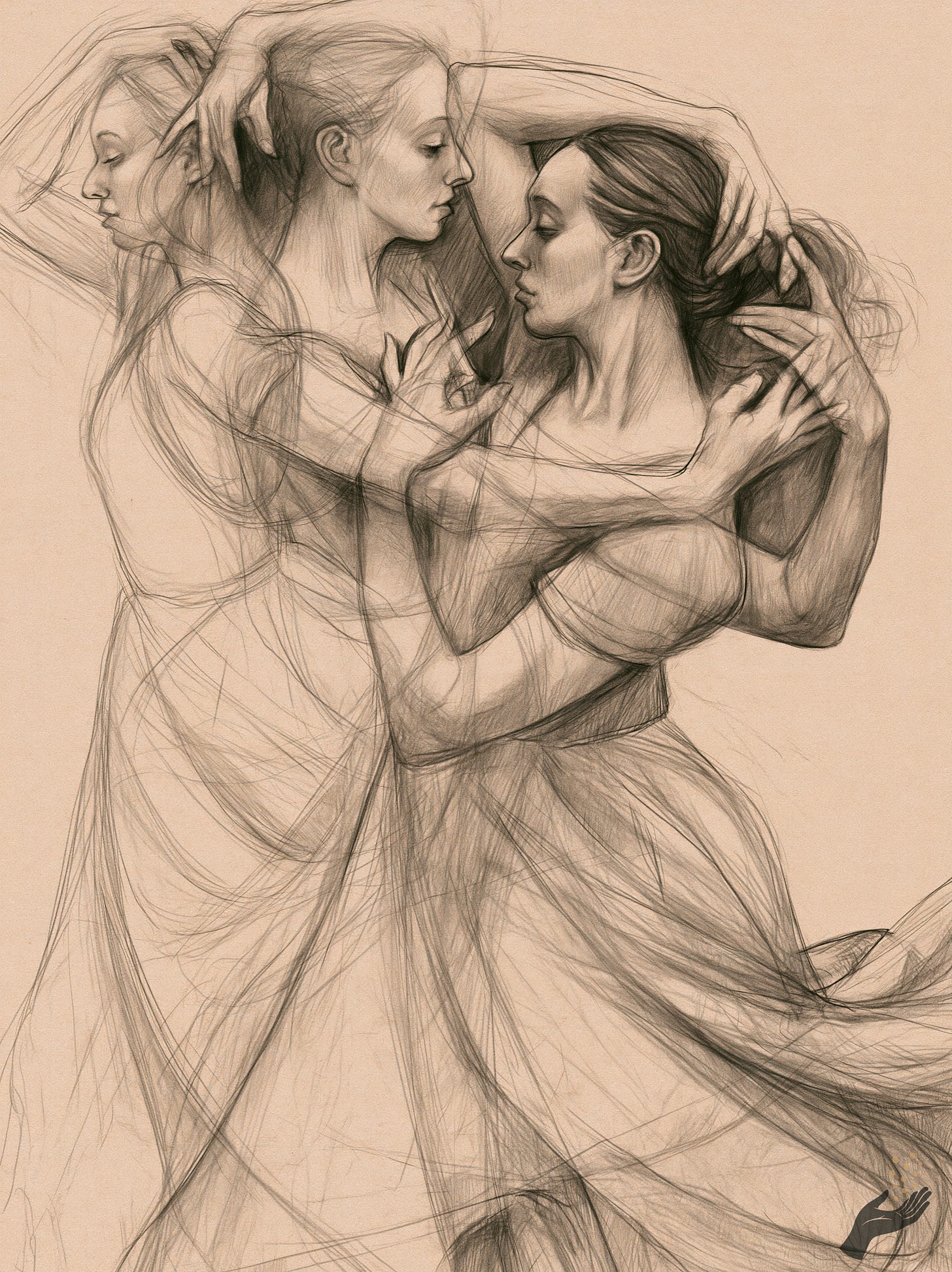 A sepia pencil drawing of three dancers entwined in a close embrace, their heads gathered at the top. A long train of fabric sweeps down and to the left across the lower frame. A sepia pencil drawing of three dancers entwined in a close embrace, their heads gathered at the top. A long train of fabric sweeps down and to the left across the lower frame.