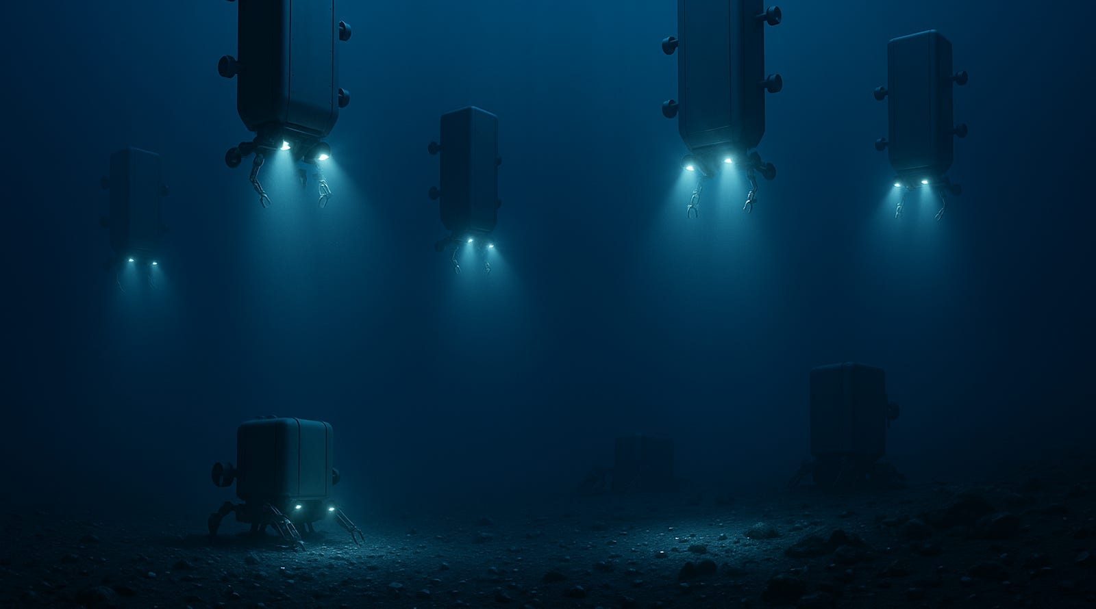 Illustration of autonomous underwater mining vehicles operating above failed vehicles on the seafloor, representing the gap between seabed mining concepts and deepwater engineering reality. Illustration of autonomous underwater mining vehicles operating above failed vehicles on the seafloor, representing the gap between seabed mining concepts and deepwater engineering reality.