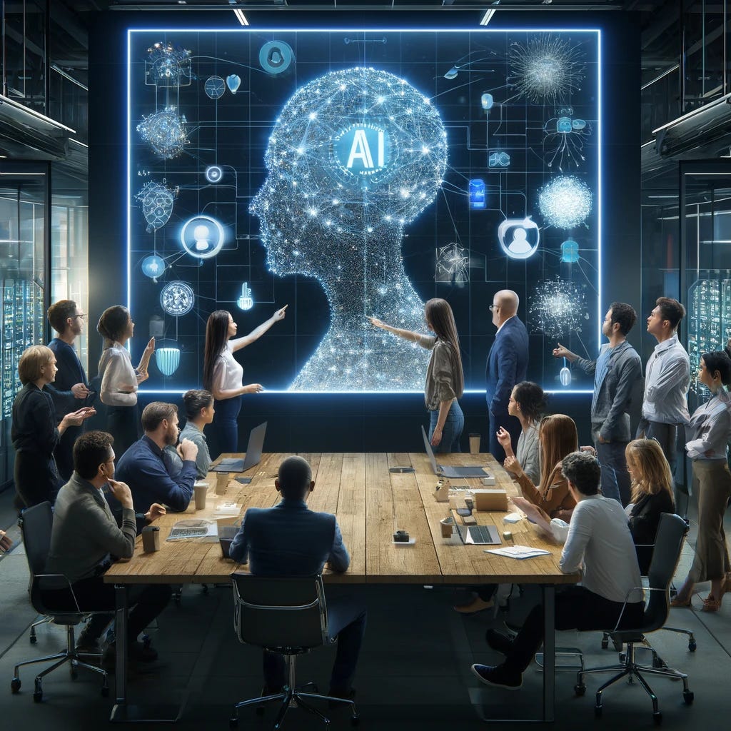 Visualize a modern workspace where a diverse team is gathered around a large, interactive digital display. The display shows an intricate network of nodes and connections, symbolizing the collective intelligence and social perceptiveness of the team enhanced by artificial intelligence. The team members, showcasing a variety of roles and backgrounds, are actively engaged in discussion and collaboration, pointing at the screen and sharing insights. The environment is infused with a sense of innovation and cooperation, with AI technology seamlessly integrated into the workflow, facilitating communication and decision-making. This scene captures the essence of a future where AI and human intelligence synergize to elevate organizational dynamics, emphasizing the theme of ethical AI development, continuous learning, and tailored AI integration for enhancing team performance.