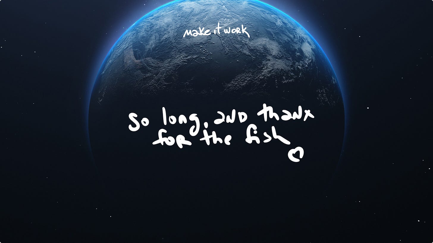 Space-themed background with the text “DON’T PANIC!” centered in white lettering.