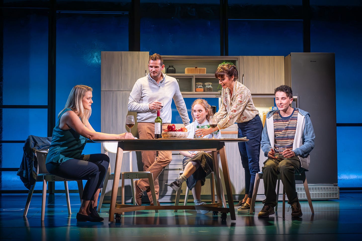 DEAR EVAN HANSEN UK TOUR. Alice Fearn (Heidi Hansen), Richard Hurst (Larry Murphy), Lauren Conroy (Zoe Murphy), Helen Anker (Cynthia Murphy) and Ryan Kopel (Evan Hansen). Photo Marc Brenner.jpg