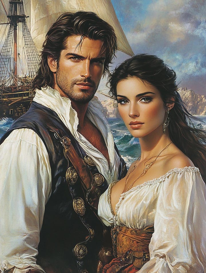 romance-novel style covers with long-haired men standing with busty women looking sedcutive with ships in the background