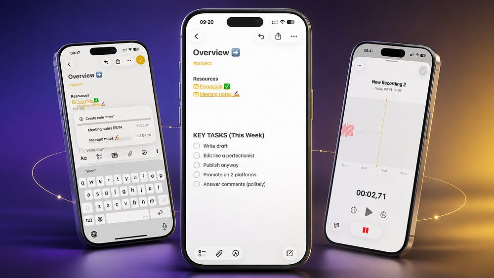 Apple Notes features shown on three iPhone screens, including note organization, cross-note links, and audio recording.