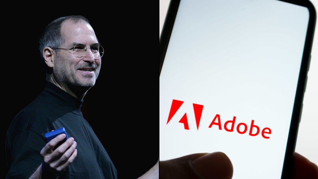 Split image of Steve Jobs and Adobe logo, referencing Jobs’ email telling Adobe to stop poaching Apple staff. Split image of Steve Jobs and Adobe logo, referencing Jobs’ email telling Adobe to stop poaching Apple staff.