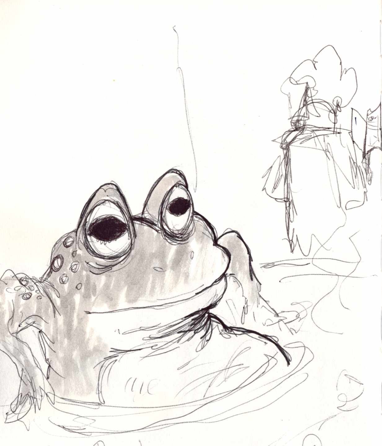 Ink wash sketch of a frog in a pot relaxing.