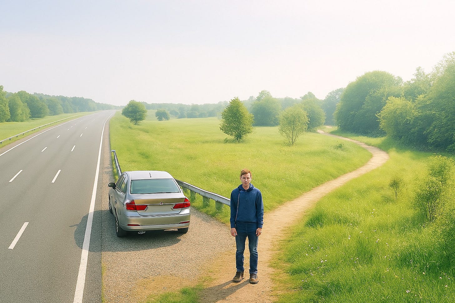 A person stands at a crossroads, looking between a vast, modern highway and a quiet, natural footpath, symbolizing the choice between chasing external dreams and walking one's true path.