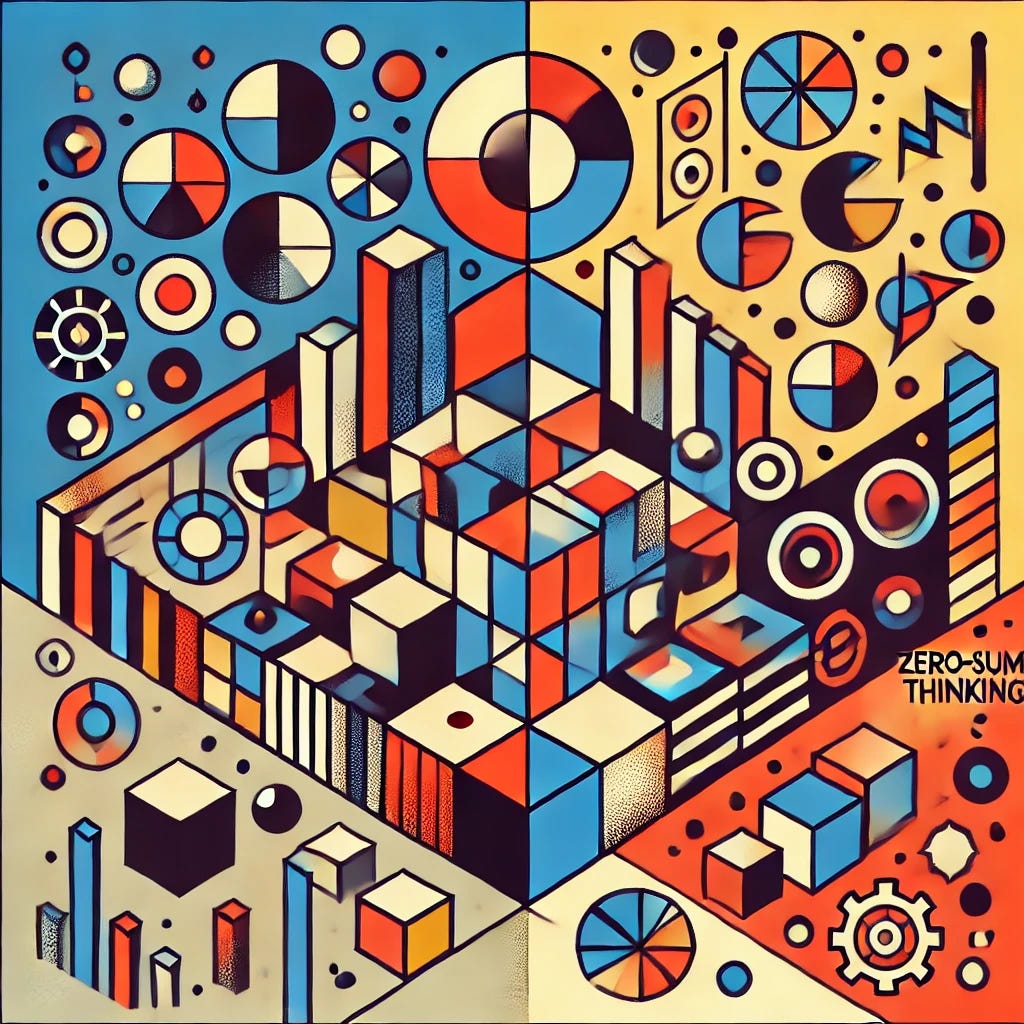 A less abstract postmodern illustration representing zero-sum thinking in politics. The image should still use geometric shapes but introduce more recognizable forms to symbolize political factions or ideologies. Include shapes representing walls or barriers between groups, symbolizing conflict over resources or power. Use colors to highlight divisions, but also add symbolic elements like fragmented circles or blocks to represent scarcity and competition. The image should balance abstraction with clear visual metaphors, making the concept of zero-sum competition easier to grasp.