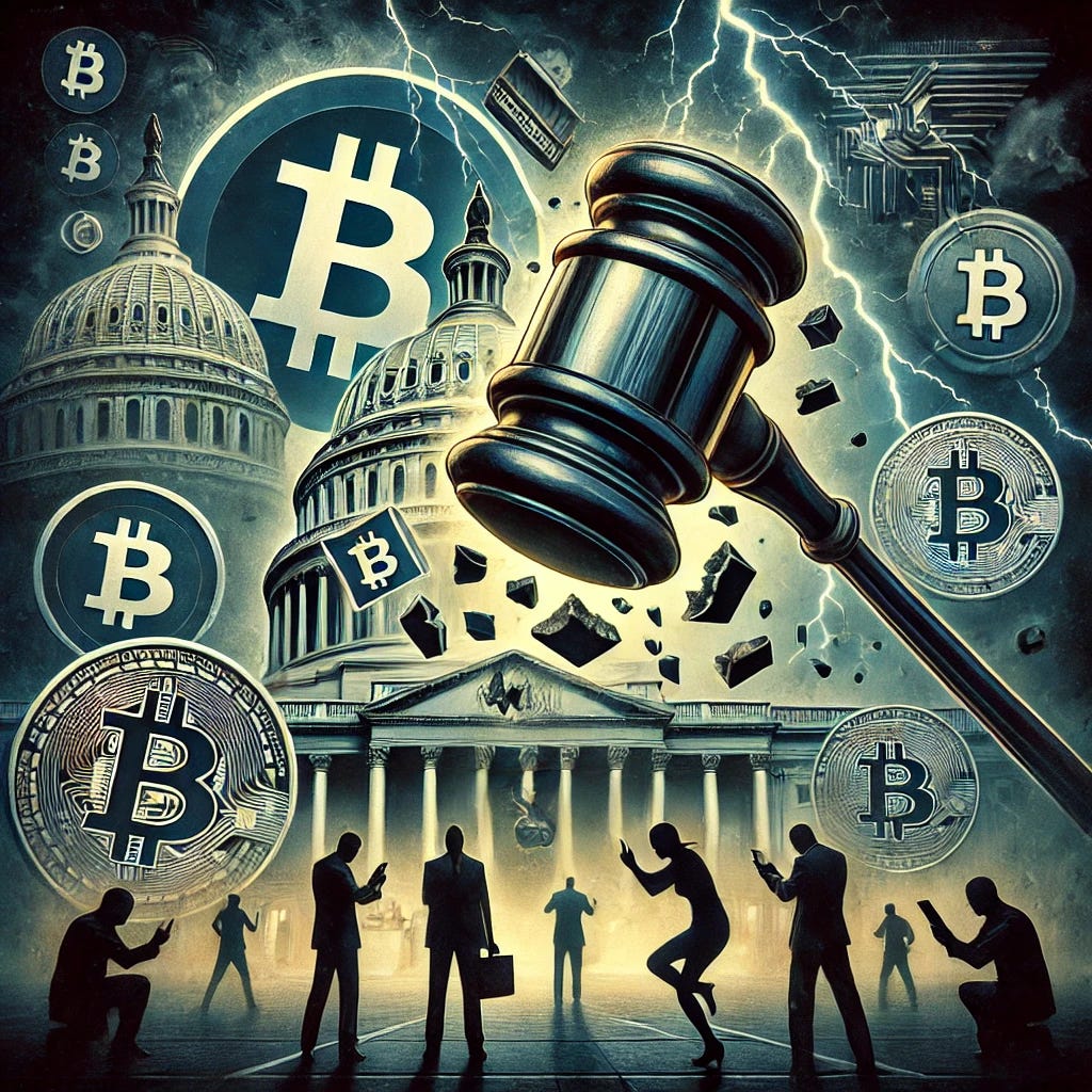 A dramatic and thematic digital illustration showcasing the regulatory pressure on Bitcoin software providers in the USA during 2024. The image depicts a symbolic representation of a gavel slamming down on a Bitcoin logo, surrounded by fragmented pieces of privacy tools like Samurai Wallet icons. In the background, iconic USA landmarks, such as the Capitol Building, are shadowed by stormy clouds and lightning bolts striking. The foreground features silhouetted figures representing users, holding mobile devices with Phoenix Wallet and Wallet of Satoshi logos dimly fading. The overall color scheme is dark with shades of stormy blue, silver, and gold, highlighting a tense and dramatic atmosphere.