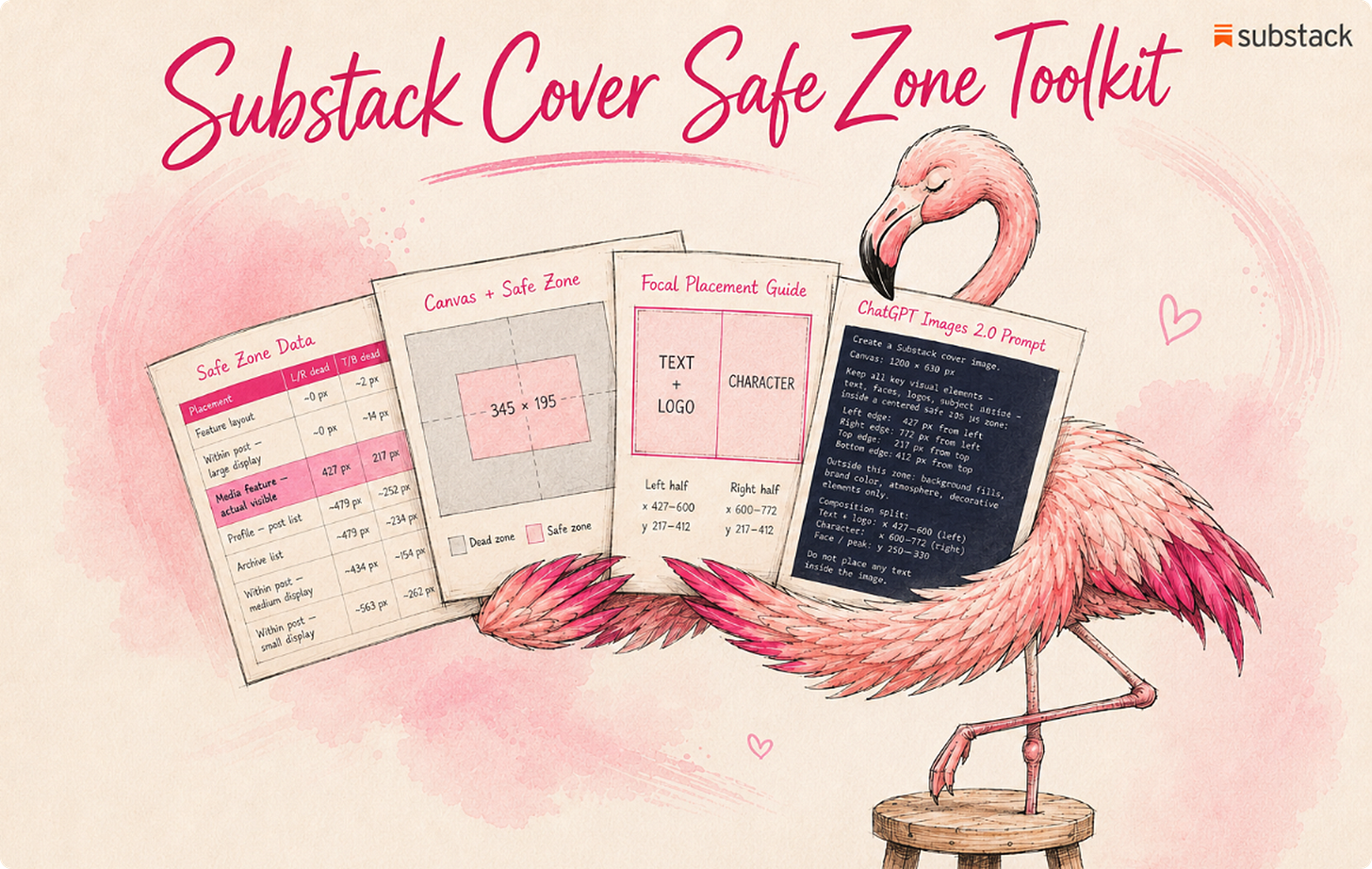 Watercolor flamingo holding a “Substack Cover Safe Zone Toolkit” with layout guides, safe zone data, and ChatGPT image prompt cards for better newsletter covers.