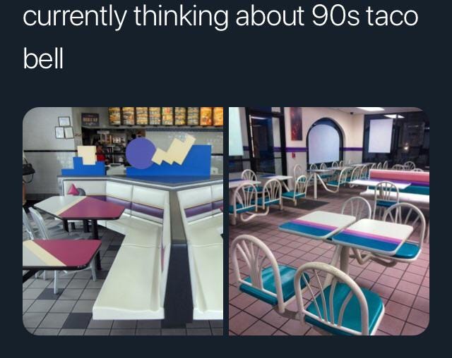 Twitter post that features 90s Taco Bell decor. Twitter post that features 90s Taco Bell decor.