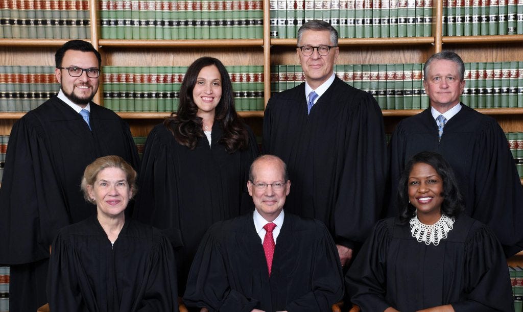 New Jersey Supreme Court 2025Top row, L to R: Michael Noriega, Rachel Wainer Apter; Douglas M. Fasciale, John Jay Hoffman Bottom row, L to R: Anne M. Patterson, Stuart Rabner, Fabiana Pierre-Louis