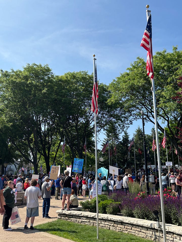 Large crowds of gathered protesters in a park, some holding signs.
